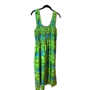 Rima Beachworld Green Tropical Palm Tree Smock Midi Dress Caribbean Me Crazy OS